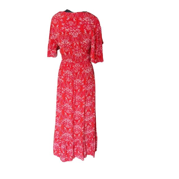 Abel the Label Red Floral Midi Dress With V-Neck Button Detail & Short Sleeves - Picture 6 of 9